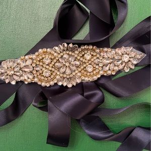 NAVY SATIN AND RHINESTONE COCKTAIL SASH
